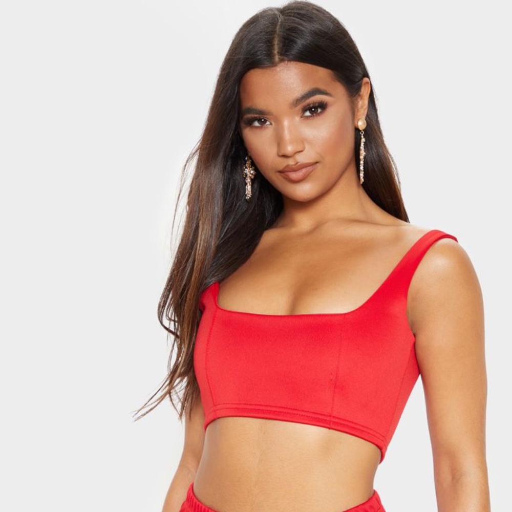 RED SQUARE NECK ZIP BACK CROP TOP NWT